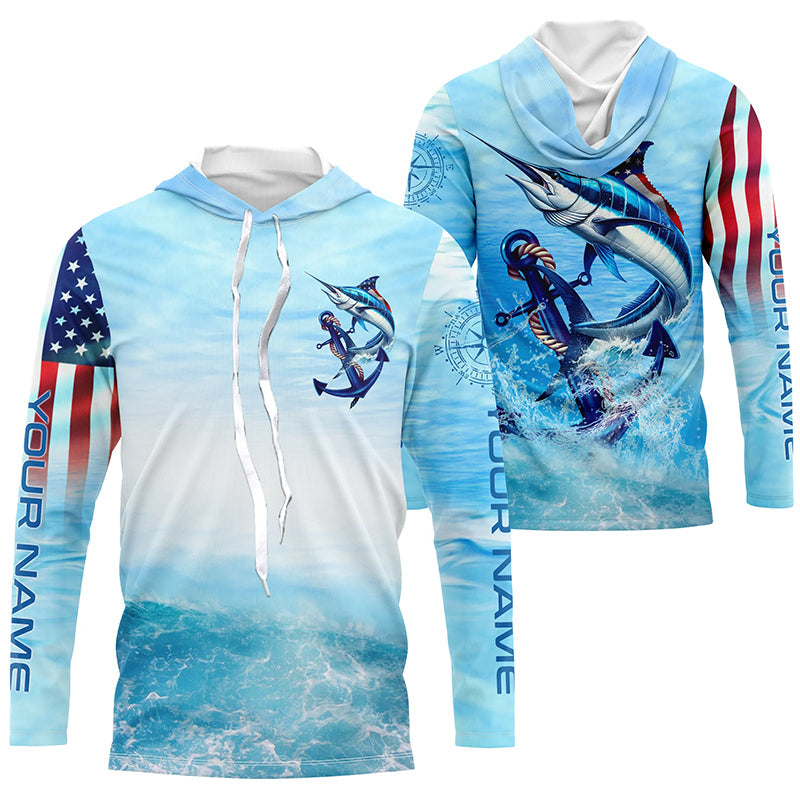 Marlin fishing blue water anchor compass American flag custom patriotic long sleeve Fishing NQS6901