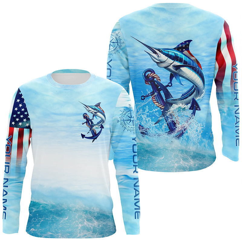Marlin fishing blue water anchor compass American flag custom patriotic long sleeve Fishing NQS6901