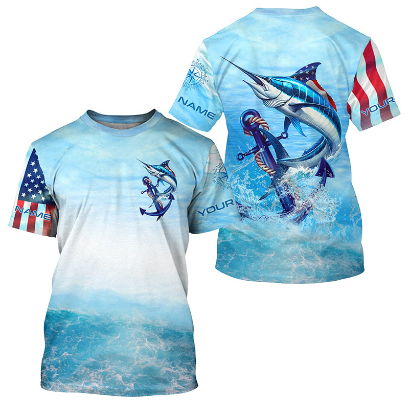 Marlin fishing blue water anchor compass American flag custom patriotic long sleeve Fishing NQS6901