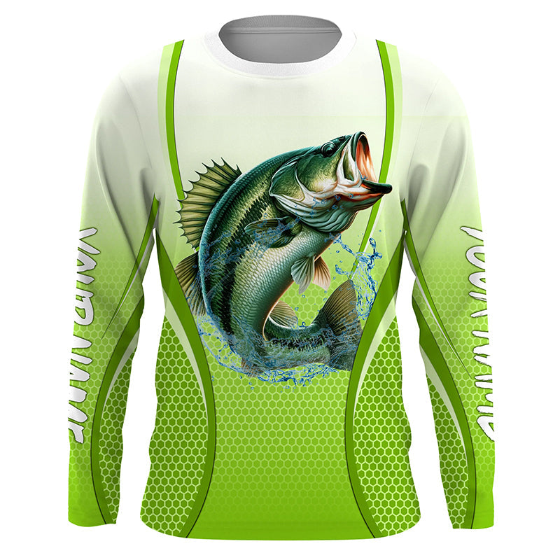 Largemouth bass Fishing green camo Bass custom name long sleeves fishing apparel NQS5055