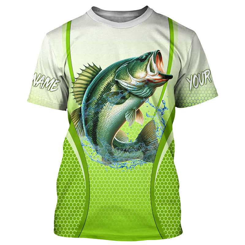 Largemouth bass Fishing green camo Bass custom name long sleeves fishing apparel NQS5055