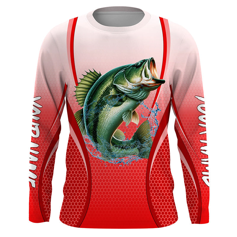Largemouth bass Fishing camo Bass custom name long sleeves fishing apparel | Red NQS5056