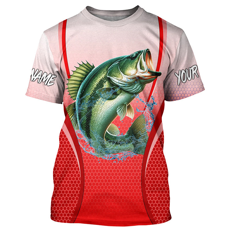 Largemouth bass Fishing camo Bass custom name long sleeves fishing apparel | Red NQS5056