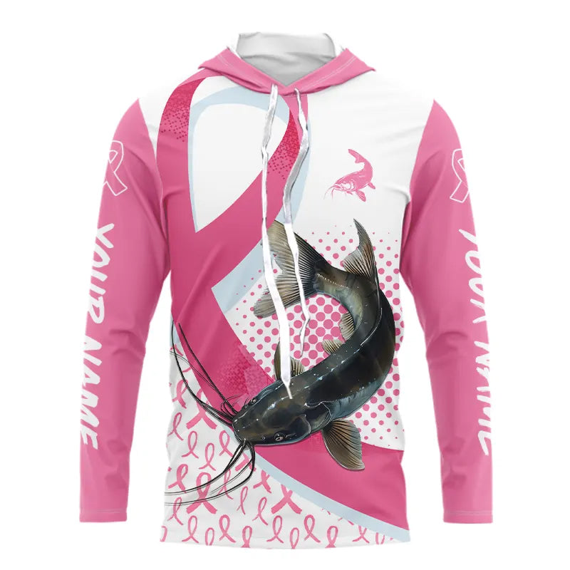 Pink ribbon pattern Catfish fishing Breast Cancer Custom sun protection long sleeves fishing NQS9761