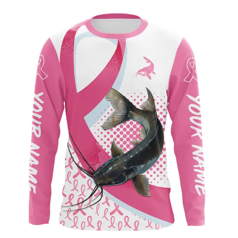 Pink ribbon pattern Catfish fishing Breast Cancer Custom sun protection long sleeves fishing NQS9761