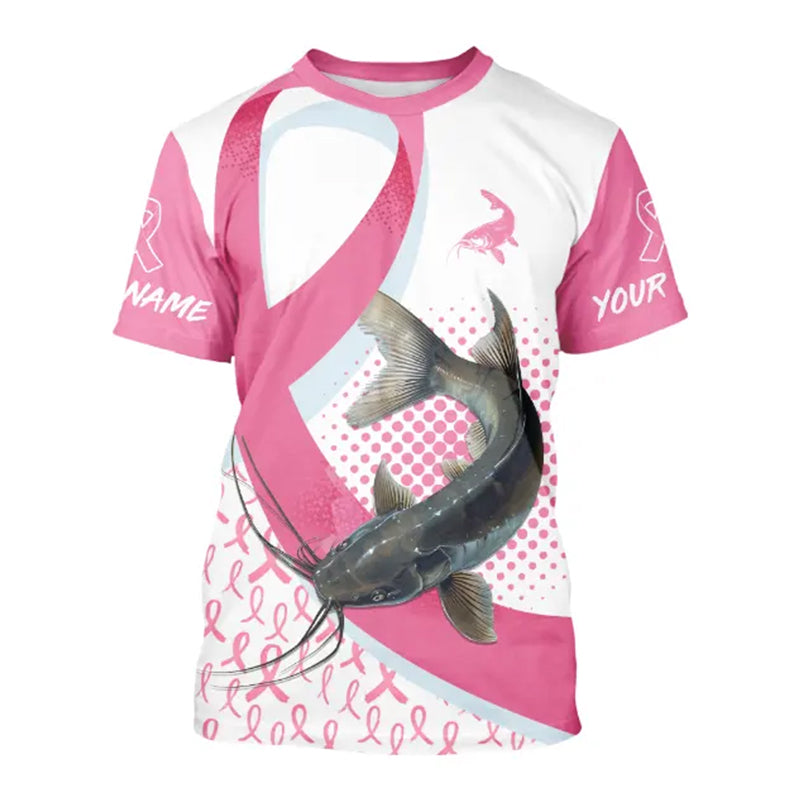 Pink ribbon pattern Catfish fishing Breast Cancer Custom sun protection long sleeves fishing NQS9761