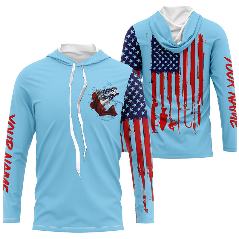 American flag Largemouth Bass fishing personalized patriotic UV Protection Fishing | Light Blue NQS5819