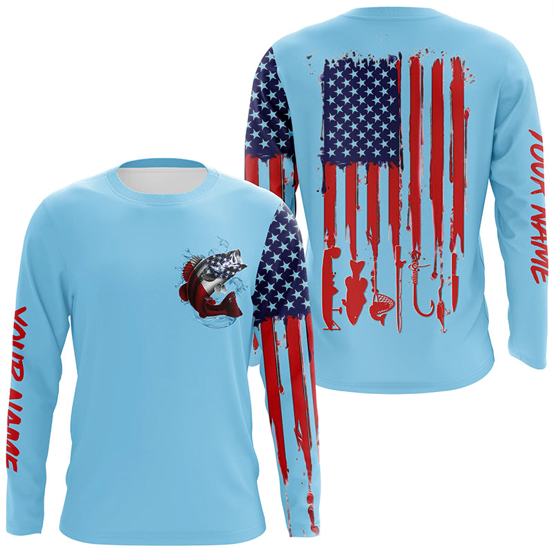 American flag Largemouth Bass fishing personalized patriotic UV Protection Fishing | Light Blue NQS5819