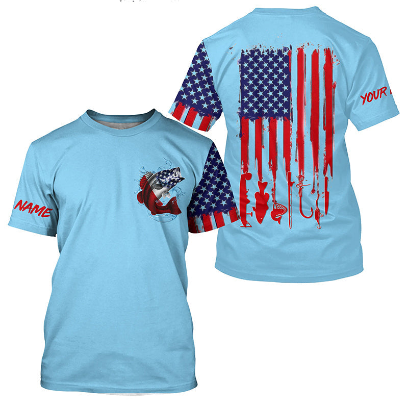 American flag Largemouth Bass fishing personalized patriotic UV Protection Fishing | Light Blue NQS5819