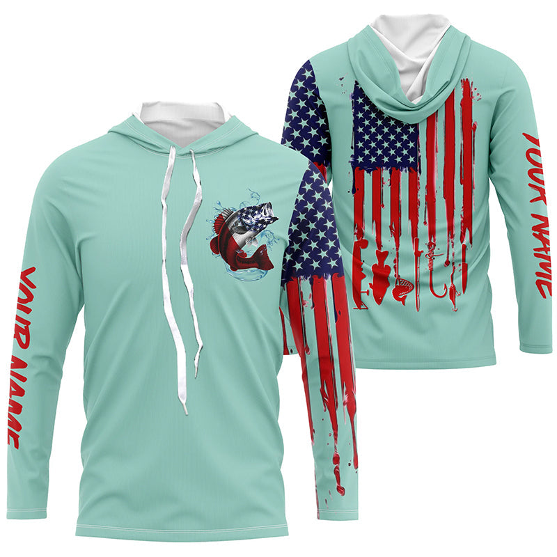 American flag Largemouth Bass fishing personalized patriotic UV Protection Fishing | Light Green NQS5820