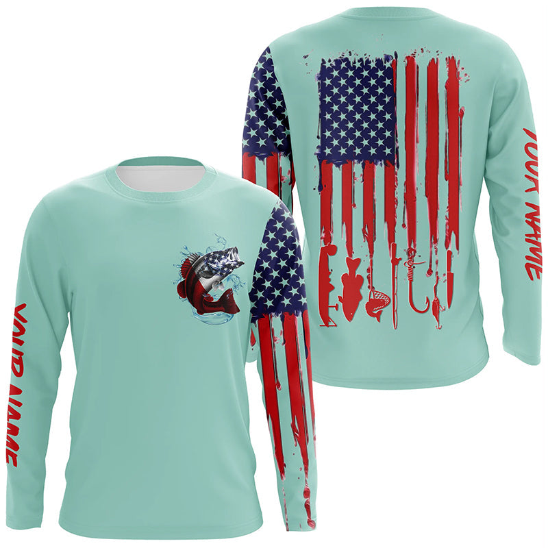 American flag Largemouth Bass fishing personalized patriotic UV Protection Fishing | Light Green NQS5820