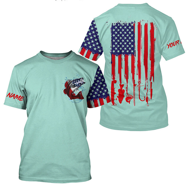 American flag Largemouth Bass fishing personalized patriotic UV Protection Fishing | Light Green NQS5820