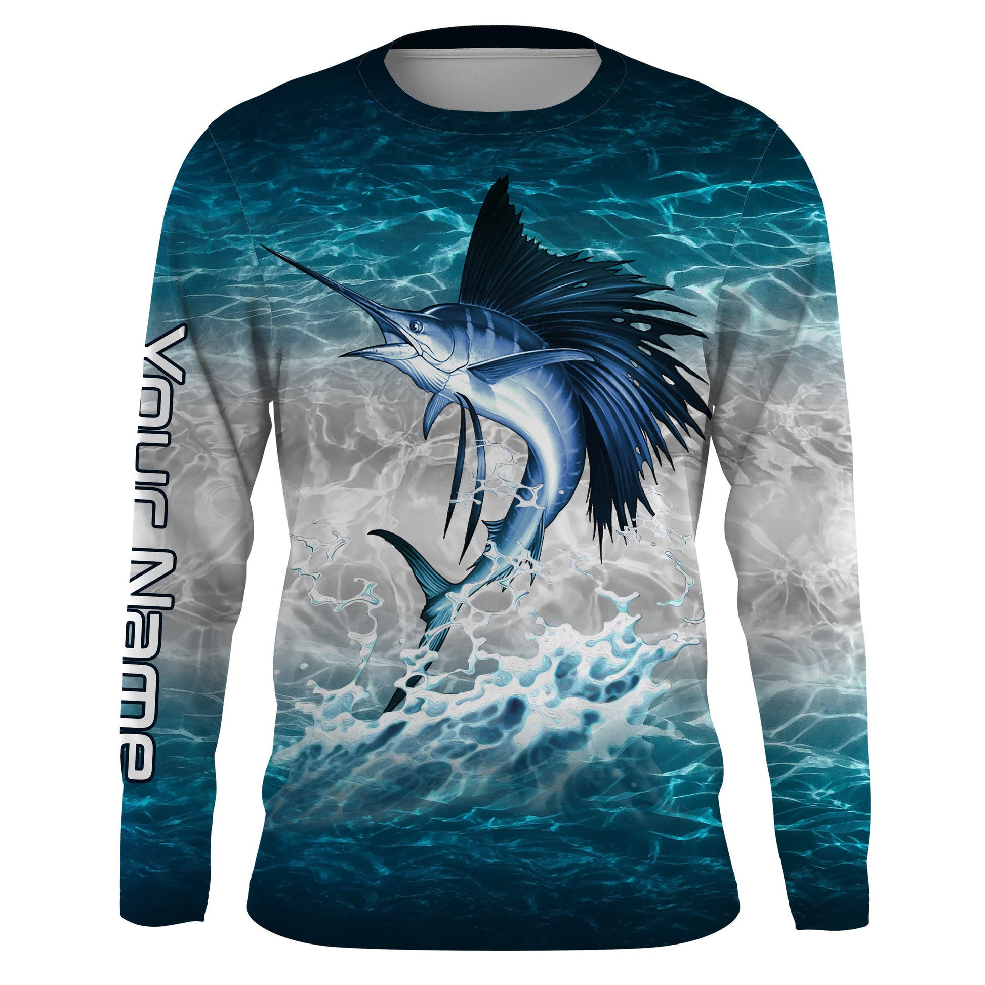 Sailfish fishing blue sea water camo Custom Name performance long sleeve fishing uv protection NQS3663