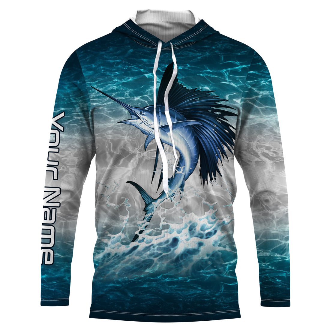 Sailfish fishing blue sea water camo Custom Name performance long sleeve fishing uv protection NQS3663