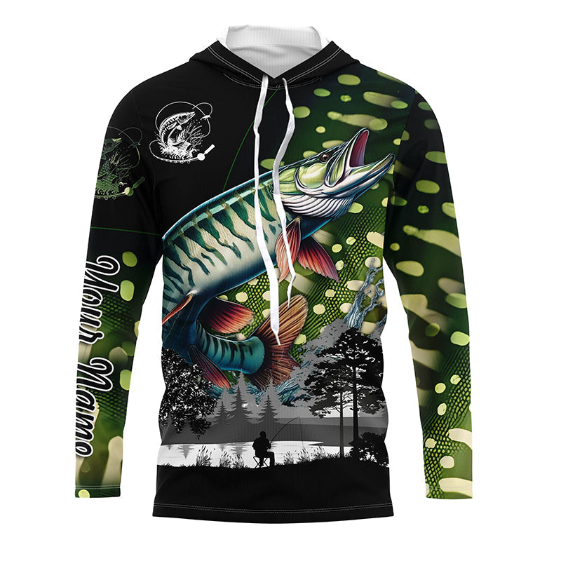 Musky Muskellunge fishing scales Custom name performance anti UV long sleeve fishing NQS3665