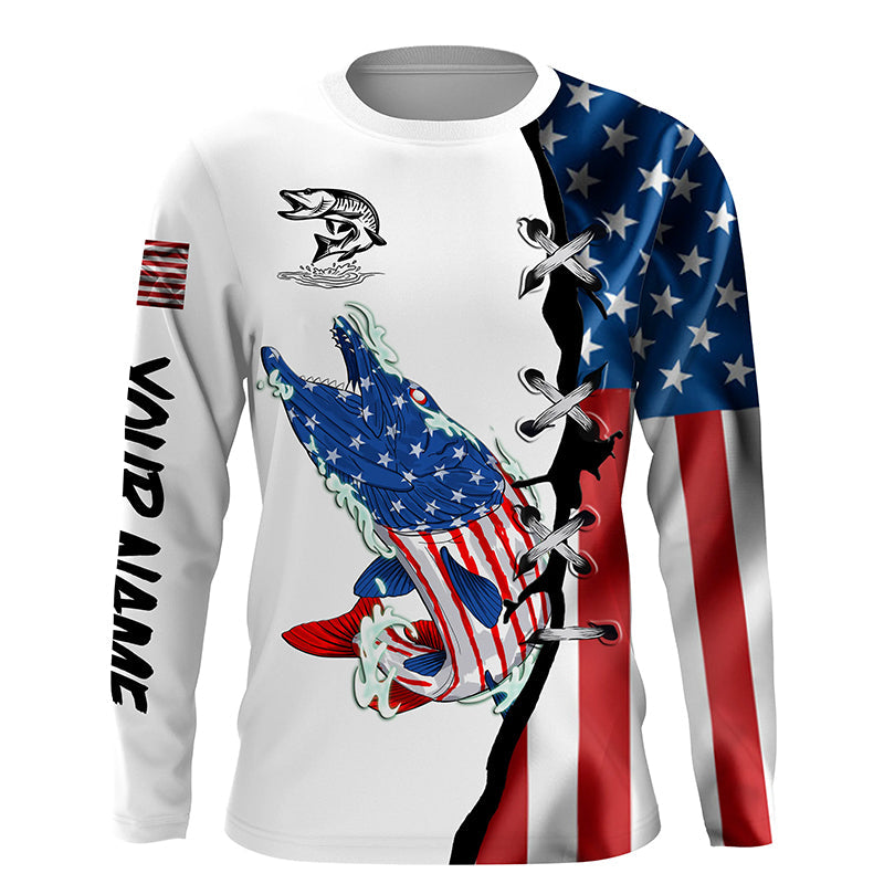 Musky fishing legend American flag patriotic UV protection Customize long sleeves fishing NQS5567