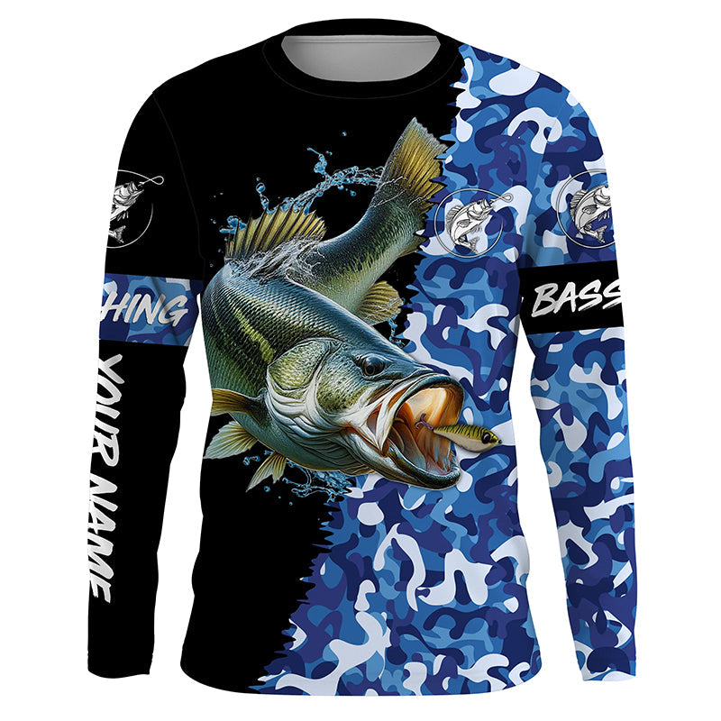 Largemouth bass Fishing blue sea camo UV protection customize name long sleeves fishing apparel NQS2309