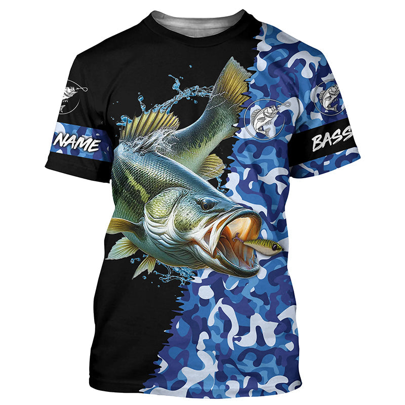 Largemouth bass Fishing blue sea camo UV protection customize name long sleeves fishing apparel NQS2309