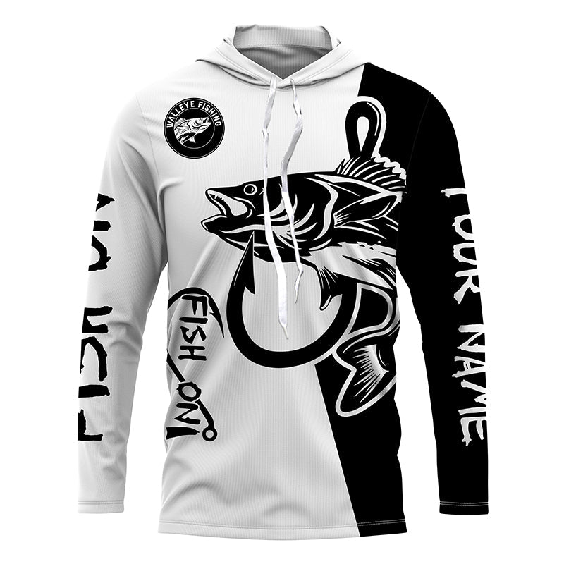 Walleye fishing tattoo fish on black white UV protection Customize name long sleeves fishing NQS4216