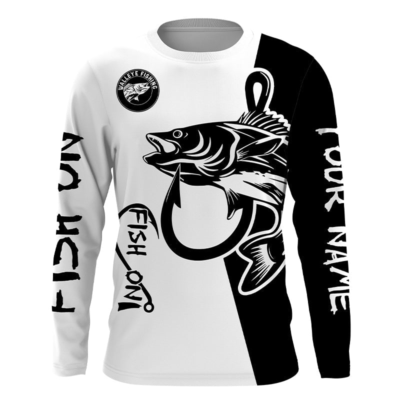 Walleye fishing tattoo fish on black white UV protection Customize name long sleeves fishing NQS4216