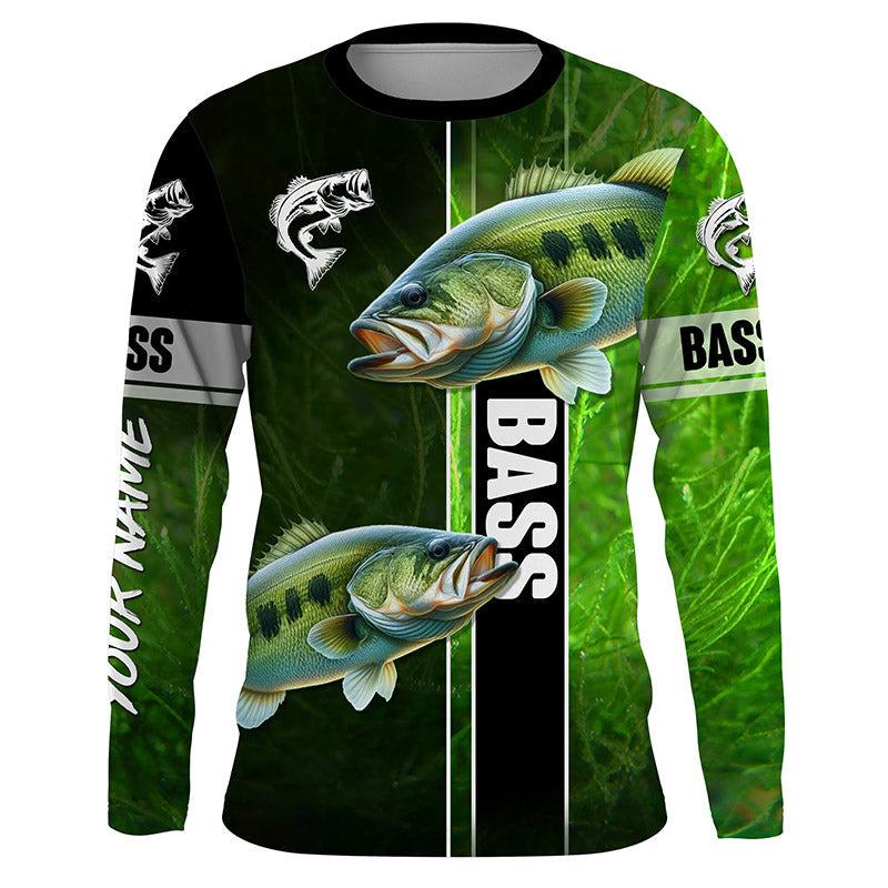 Largemouth Bass Fishing green Customize Name Long Sleeve Fishing, personalized fishing gifts NQS1725