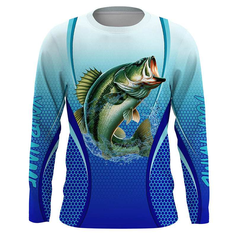 Largemouth bass Fishing blue camo Bass custom name long sleeves fishing apparel NQS2313