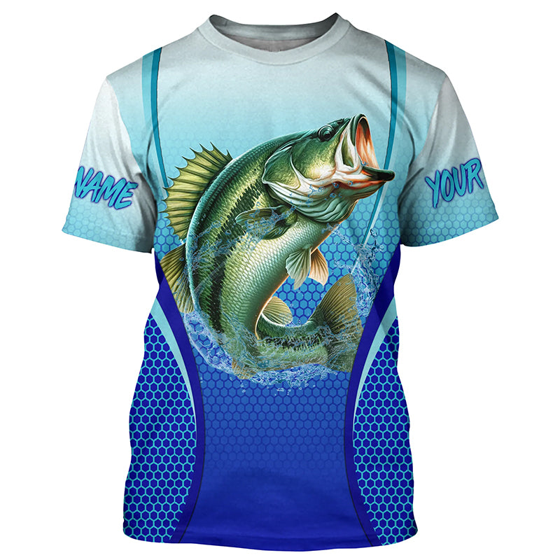 Largemouth bass Fishing blue camo Bass custom name long sleeves fishing apparel NQS2313