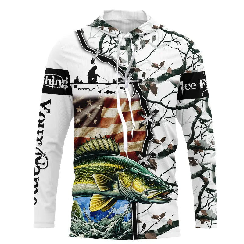 Walleye ice fishing snow camo American Flag Custom Fishing, Personalized Gifts for Fisherman NQS2901