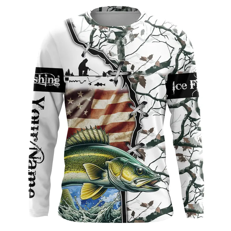 Walleye ice fishing snow camo American Flag Custom Fishing, Personalized Gifts for Fisherman NQS2901