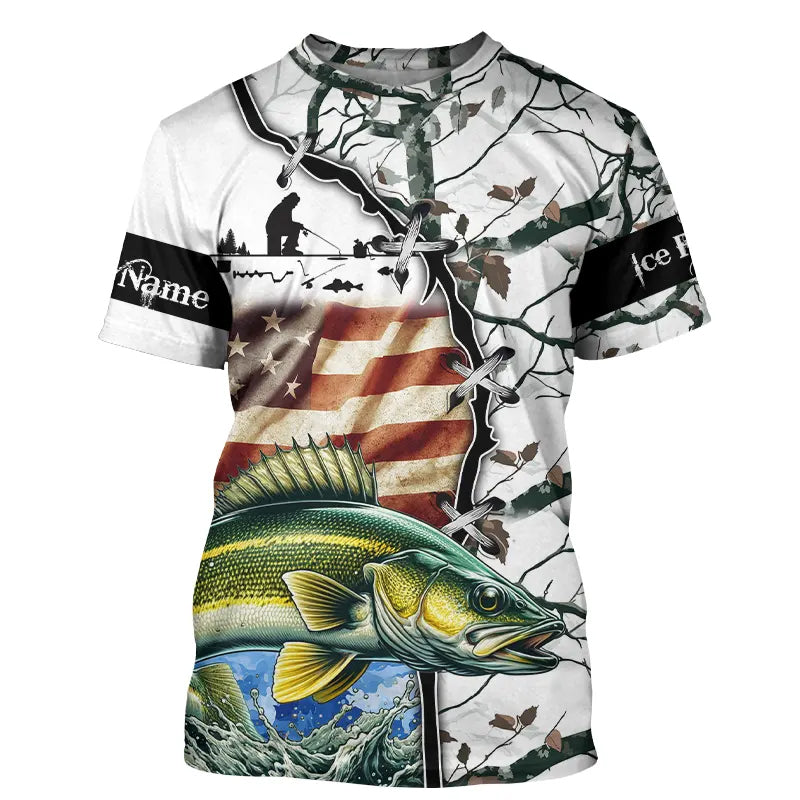 Walleye ice fishing snow camo American Flag Custom Fishing, Personalized Gifts for Fisherman NQS2901