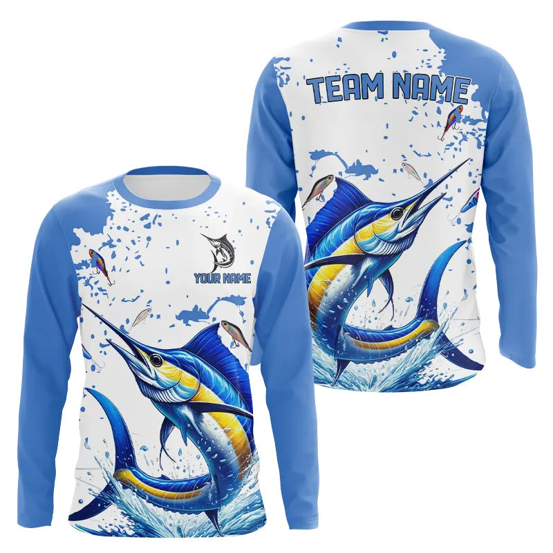 Personalized Blue and white Marlin Fishing Custom Marlin Long Sleeve Fishing Team NQS9308