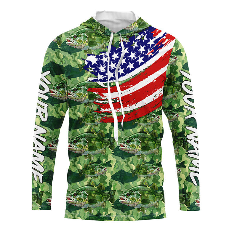 Green Largemouth Bass camo fishing American flag Custom performance long sleeve Bass fishing NQS7387