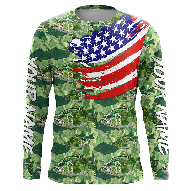 Green Largemouth Bass camo fishing American flag Custom performance long sleeve Bass fishing NQS7387