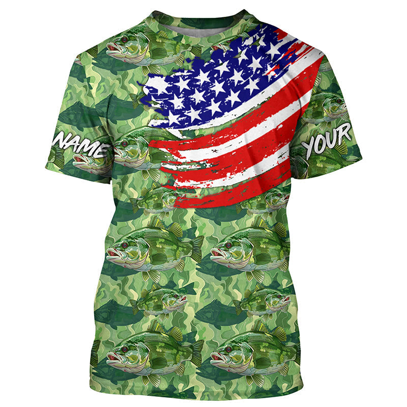 Green Largemouth Bass camo fishing American flag Custom performance long sleeve Bass fishing NQS7387