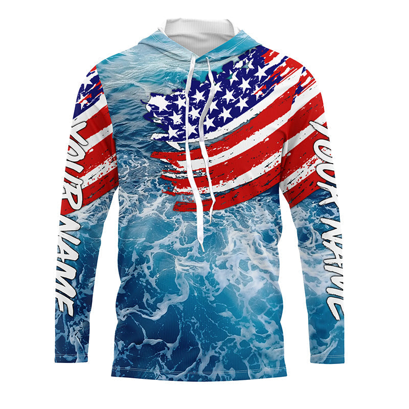 Blue ocean sea wave camo fishing American flag Custom patriot long sleeve fishing tournament NQS7389