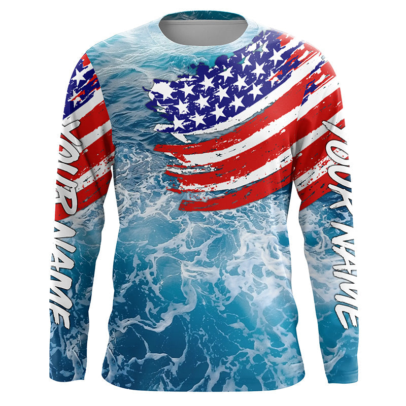 Blue ocean sea wave camo fishing American flag Custom patriot long sleeve fishing tournament NQS7389