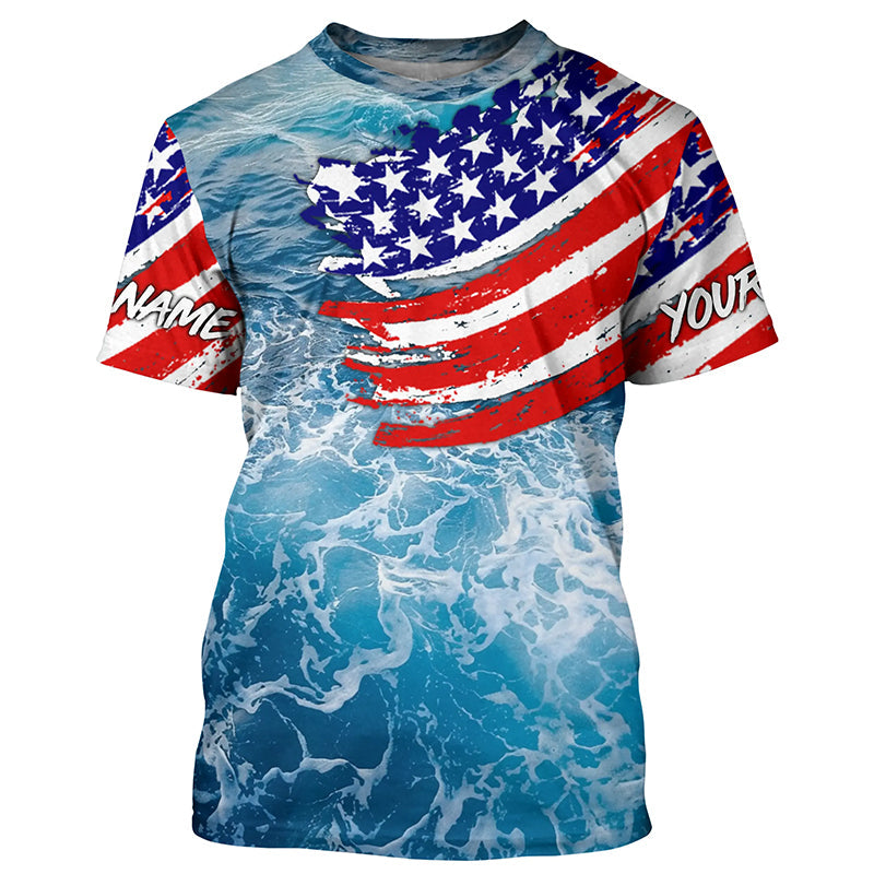 Blue ocean sea wave camo fishing American flag Custom patriot long sleeve fishing tournament NQS7389
