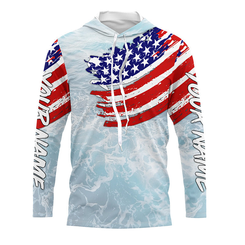 Ocean sea wave camo fishing Custom American flag patriot performance long sleeve fishing NQS7390