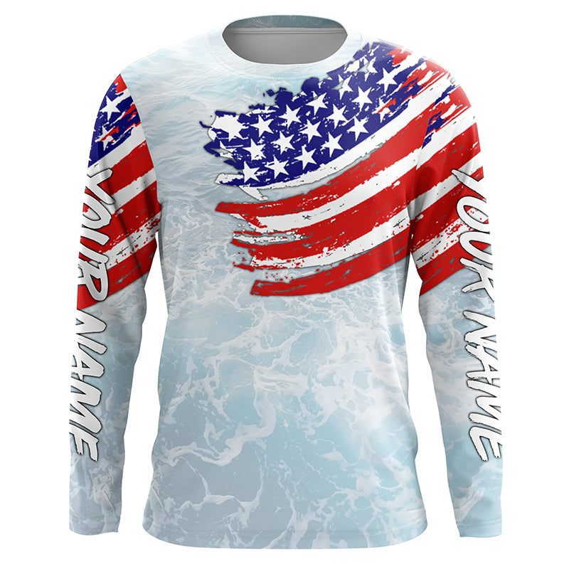 Ocean sea wave camo fishing Custom American flag patriot performance long sleeve fishing NQS7390