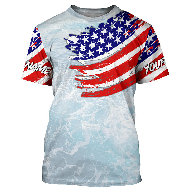 Ocean sea wave camo fishing Custom American flag patriot performance long sleeve fishing NQS7390