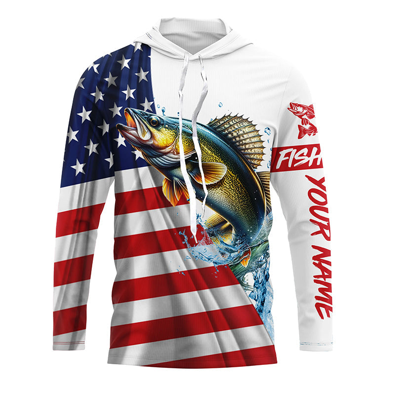 American flag patriotic Walleye fishing Custom Name UV Protection long sleeve Fishing NQS5370