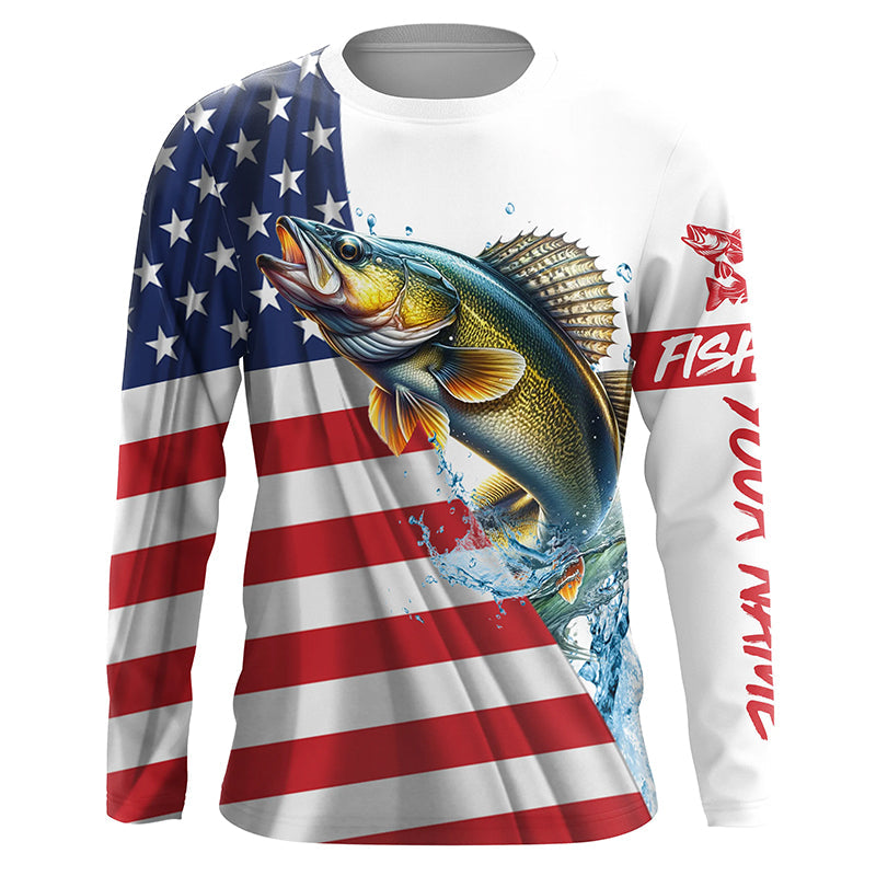 American flag patriotic Walleye fishing Custom Name UV Protection long sleeve Fishing NQS5370