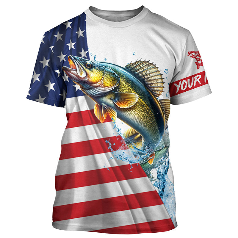 American flag patriotic Walleye fishing Custom Name UV Protection long sleeve Fishing NQS5370