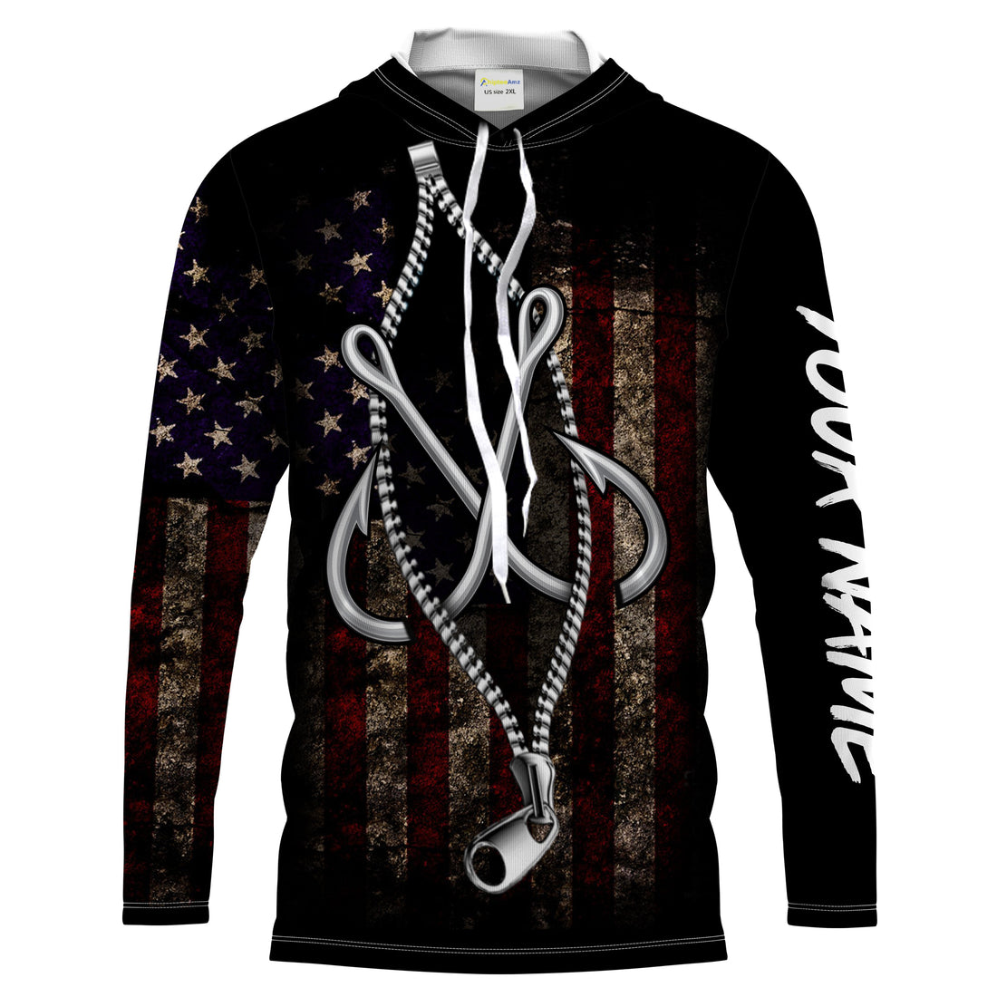 US Fishing 3D Fish Hook zipper American Flag patriotic UV protection customize name long sleeves UPF 30+ fishing apparel NQS2157