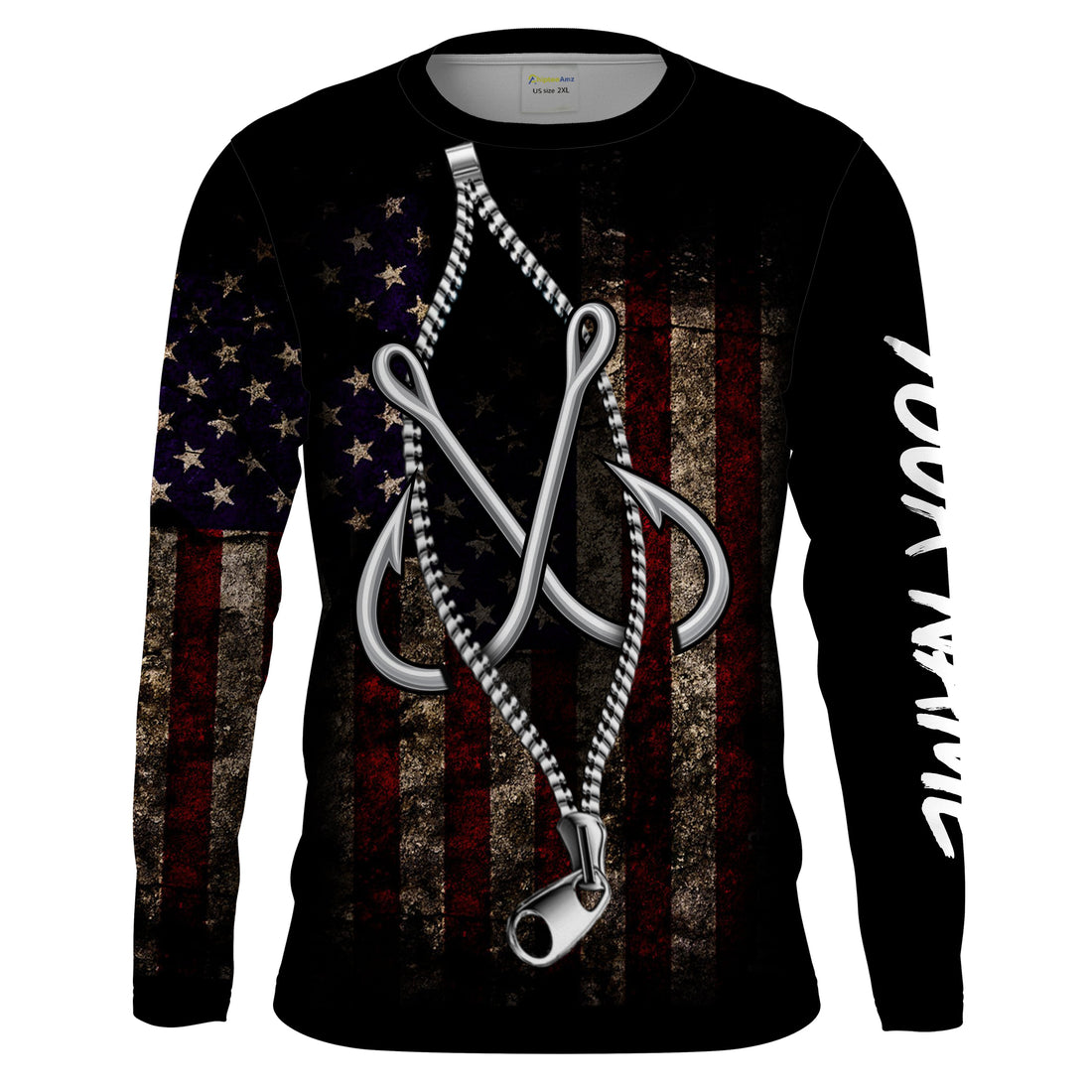 US Fishing 3D Fish Hook zipper American Flag patriotic UV protection customize name long sleeves UPF 30+ fishing apparel NQS2157