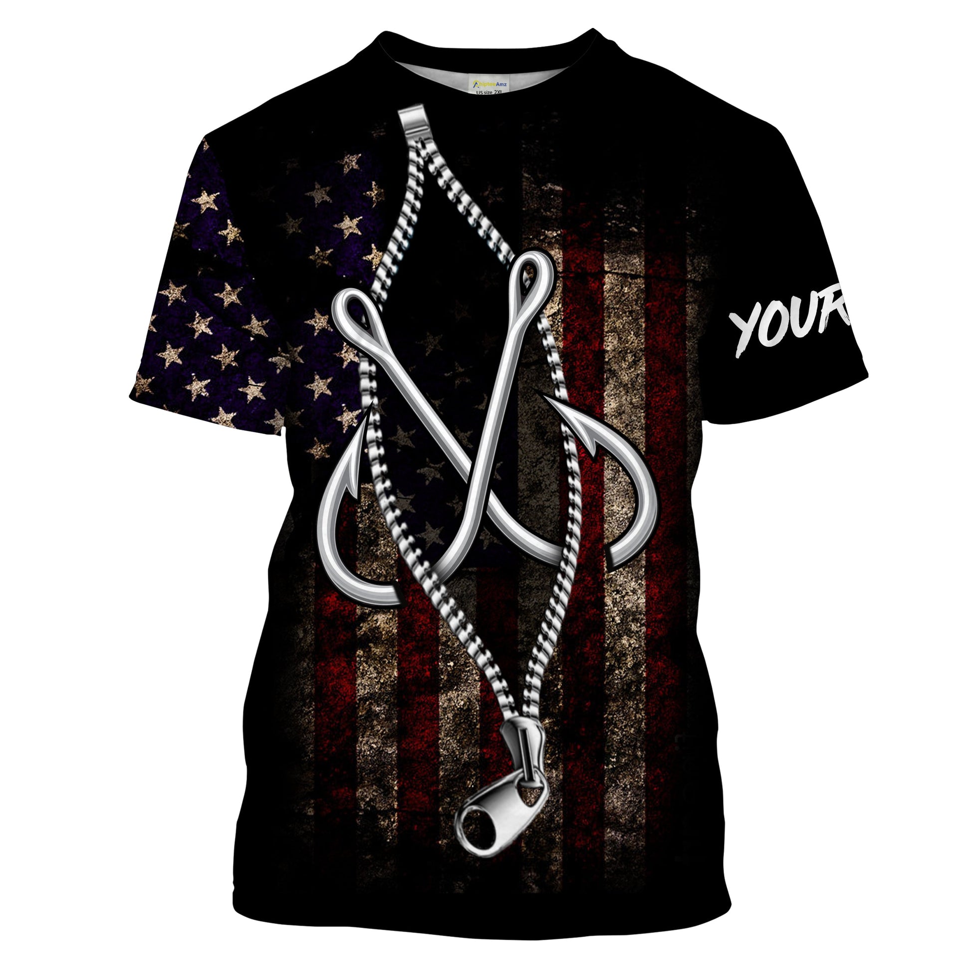 US Fishing 3D Fish Hook zipper American Flag patriotic UV protection customize name long sleeves UPF 30+ fishing apparel NQS2157