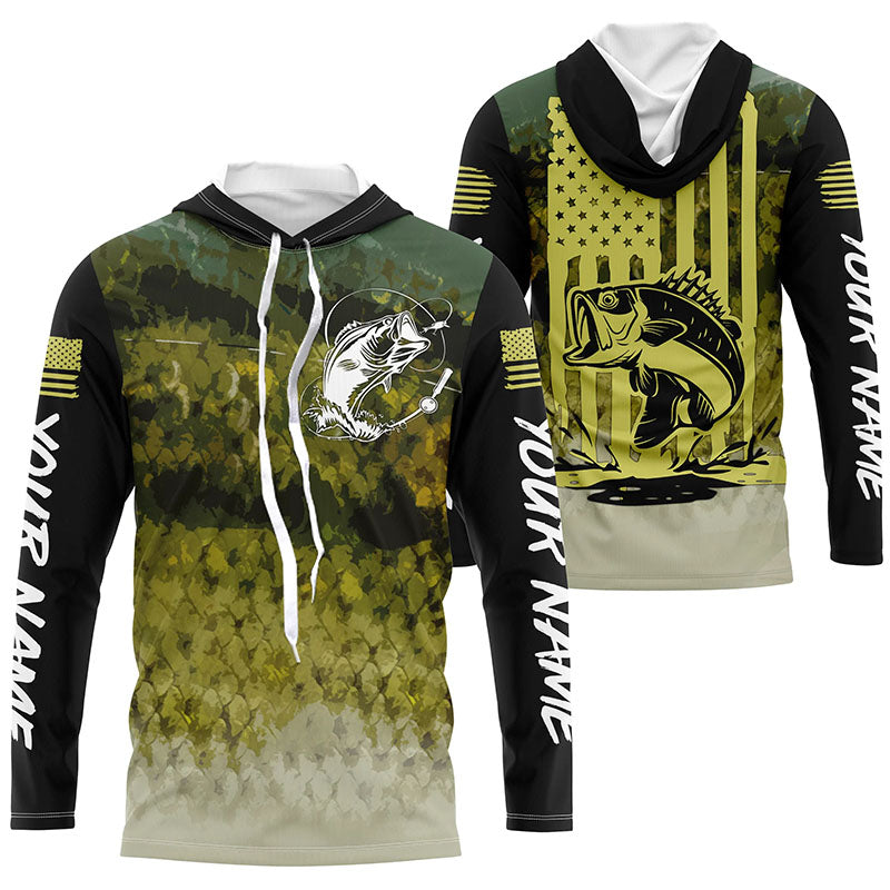 Largemouth bass Fishing green scales American flag Custom long sleeve performance Fishing NQS6052