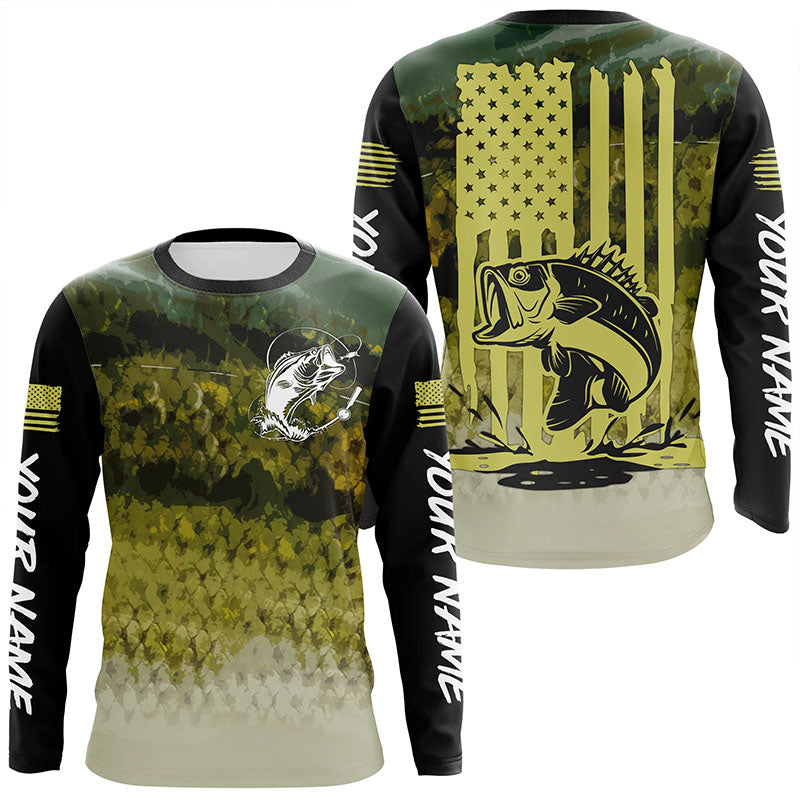 Largemouth bass Fishing green scales American flag Custom long sleeve performance Fishing NQS6052