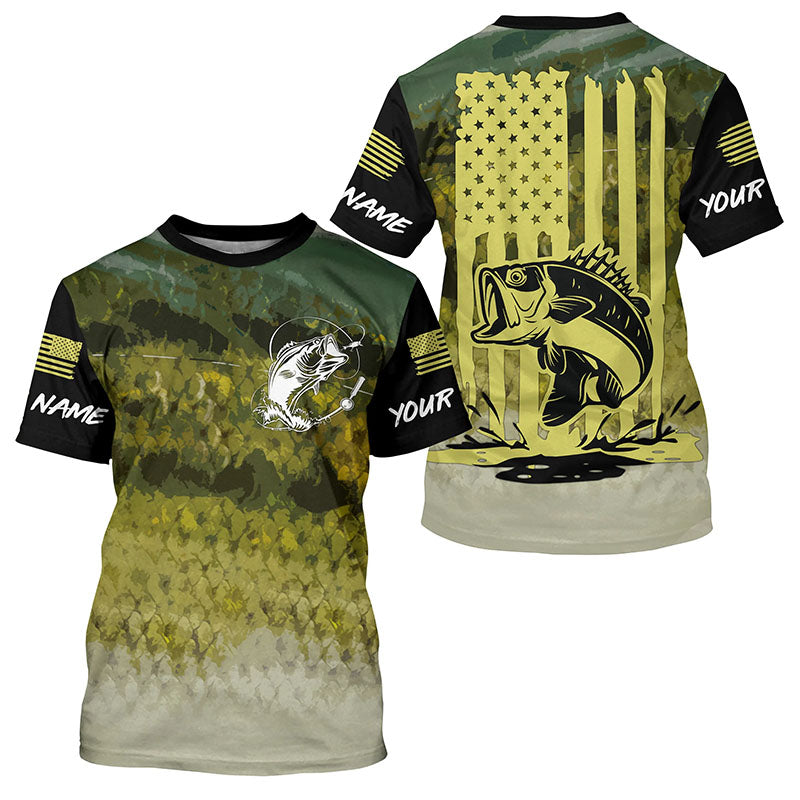 Largemouth bass Fishing green scales American flag Custom long sleeve performance Fishing NQS6052