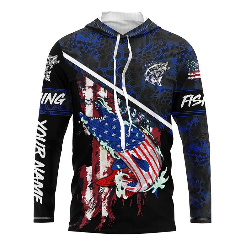 American Flag Musky fishing blue camo Custom name long sleeve muskie Fishing NQS4821